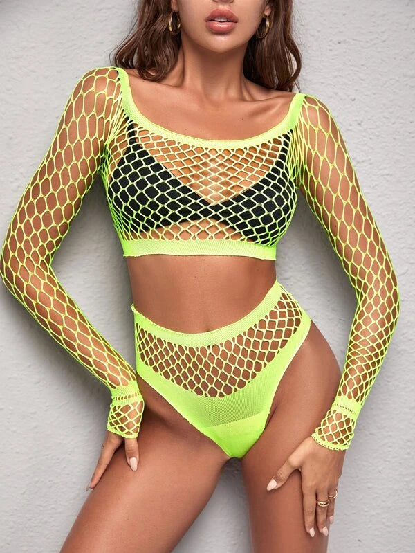 Neon Yellow UV Glow Sexy Fishnet Two Piece