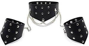 Black Bondage Collar and Handcuffs Restraint with Chains