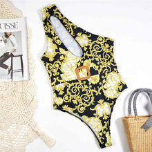 Load image into Gallery viewer, Elegant High Waist Gold, Black and White Monokini Swimsuit