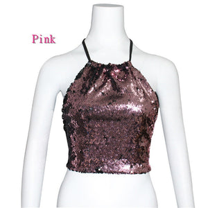 Pink to Black Flip Sequin Backless Crop Top with Silver Hoop