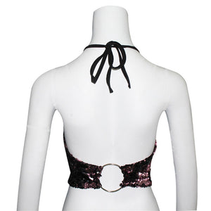 Pink to Black Flip Sequin Backless Crop Top with Silver Hoop