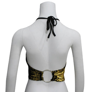 Gold to Black Flip Sequin Backless Crop Top with Silver Hoop