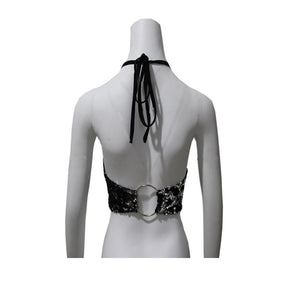 Sparkling Silver to Black Flip Sequin Backless Crop Top with Silver Hoop