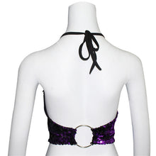 Load image into Gallery viewer, Purple to Black Flip Sequin Backless Crop Top with Silver Hoop