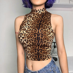 Leopard Print Sleeveless Crew Neck Top