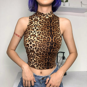 Leopard Print Sleeveless Crew Neck Top