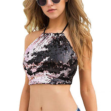 Load image into Gallery viewer, Pink to Black Flip Sequin Backless Crop Top with Silver Hoop