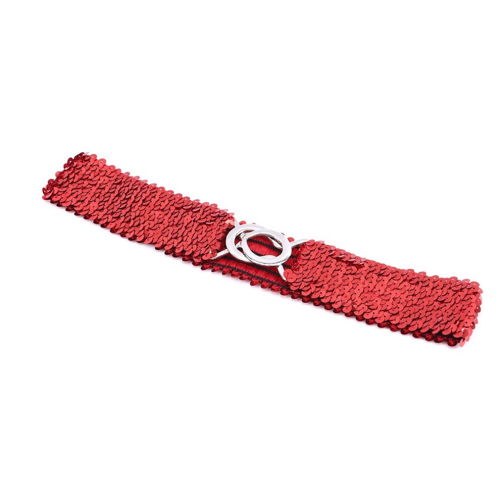 Red Sparkly Glitter Sequin Stretchy Elastic Waist Belt with Silver Buckle