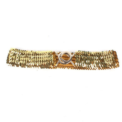 Glamours Gold Sparkly Glitter Sequin Stretchy Elastic Waist Belt with Silver Buckle