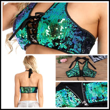 Load image into Gallery viewer, Mermaid Green to Black Flip Sequin Halter Lace Up Top