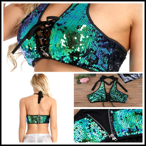 Mermaid Green to Black Flip Sequin Halter Lace Up Top