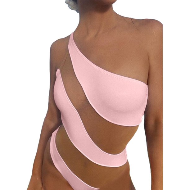 Sheer Patchwork Light Pink to Nude One Shoulder Monokini Swimsuit