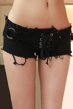 Load image into Gallery viewer, Black Lace Up Zipper Side O Ring Sexy Denim Shorts