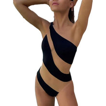 Load image into Gallery viewer, Sheer Patchwork Black to Nude One Shoulder Monokini Swimsuit