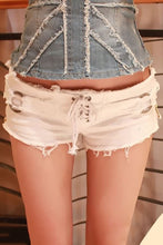 Load image into Gallery viewer, White Lace Up Zipper Side O Ring Sexy Denim Shorts