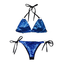 Load image into Gallery viewer, Navy Blue Fighter Sequin Triangle Bikini