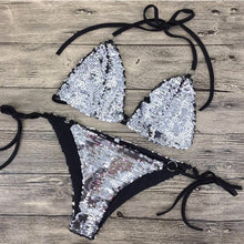 Load image into Gallery viewer, Sparkling Silver Sequin Triangle Bikini