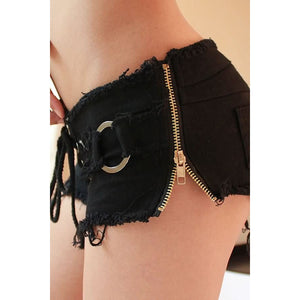 Black Lace Up Zipper Side O Ring Sexy Denim Shorts