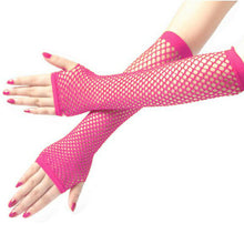 Load image into Gallery viewer, Neon Pink UV Glow Long Fishnet Mesh Fingerless Gloves