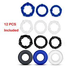 Load image into Gallery viewer, Clear, Blue and Black 12 Piece Cock Ring Set