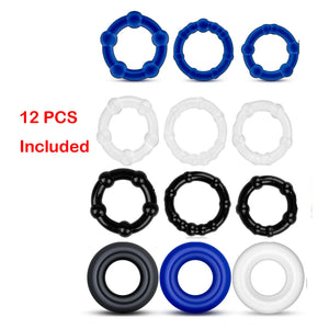 Clear, Blue and Black 12 Piece Cock Ring Set