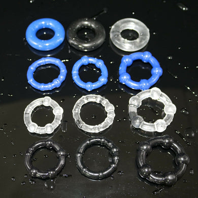 Clear, Blue and Black 12 Piece Cock Ring Set