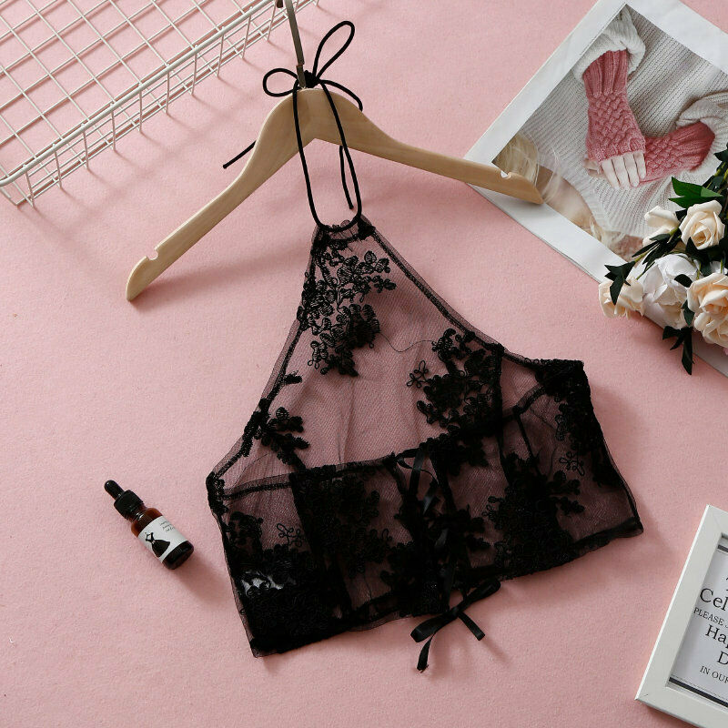 Black Sheer Halter Floral Crop Top