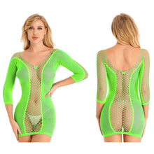 Load image into Gallery viewer, Neon Green UV Glow Sexy Long Sleeve Fishnet Dress