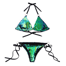 Load image into Gallery viewer, Mermaid Green to Black Flip Sequin Triangle Bikini