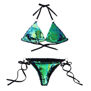 Mermaid Green to Black Flip Sequin Triangle Bikini