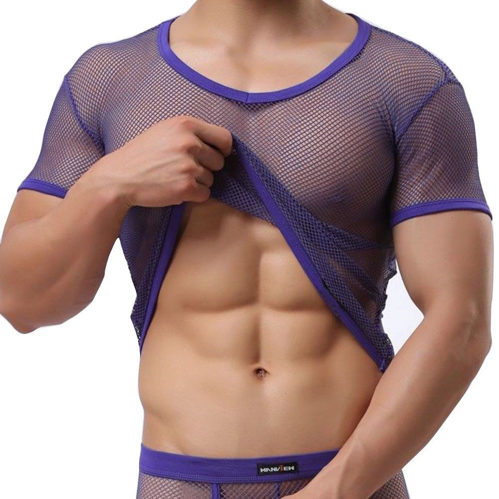 Purple Sexy Mesh V-Neck Muscle T-Shirt