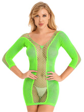 Load image into Gallery viewer, Neon Green UV Glow Sexy Long Sleeve Fishnet Dress