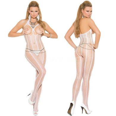 (07) White Sexy Open Cup Halter Glamour Fishnet Bodystocking Lingerie