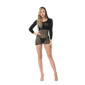 Black Sexy Fishnet Lingerie Dress with Hoodie