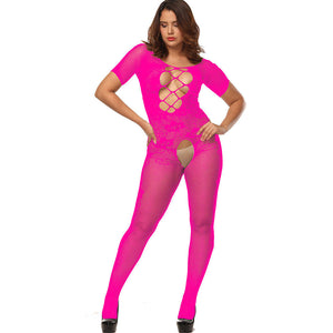 Hot Pink Floral Half Sleeves Bodystocking Lingerie