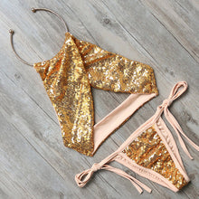 Load image into Gallery viewer, Gold Sequin Cross Over Cheeky Two Piece Bikini with Gold Hoop