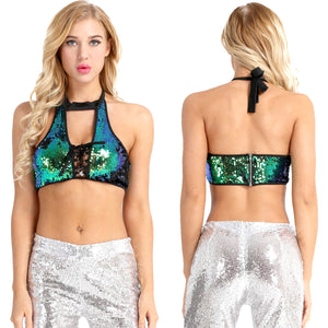 Mermaid Green to Black Flip Sequin Halter Lace Up Top