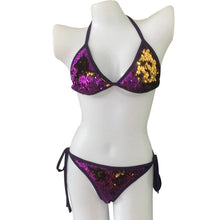 Load image into Gallery viewer, Purple to Gold Flip Sequin Triangle Bikini