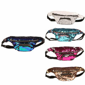 Sea Blue to Pink Flip Sequin Waist Fanny Pack with an Adjustable Strap