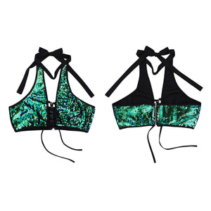 Mermaid Green to Black Flip Sequin Halter Lace Up Top