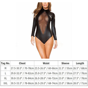 (13) Black Long Sleeve Wet Leather Bodysuit Lingerie