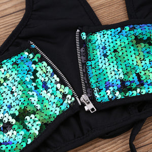 Mermaid Green to Black Flip Sequin Halter Lace Up Top