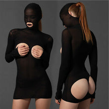 Load image into Gallery viewer, Black Erotic Cupless Bodysuit with Hood