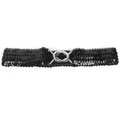 Black Sparkly Glitter Sequin Stretchy Elastic Waist Belt with Silver Buckle