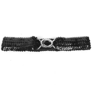 Black Sparkly Glitter Sequin Stretchy Elastic Waist Belt with Silver Buckle